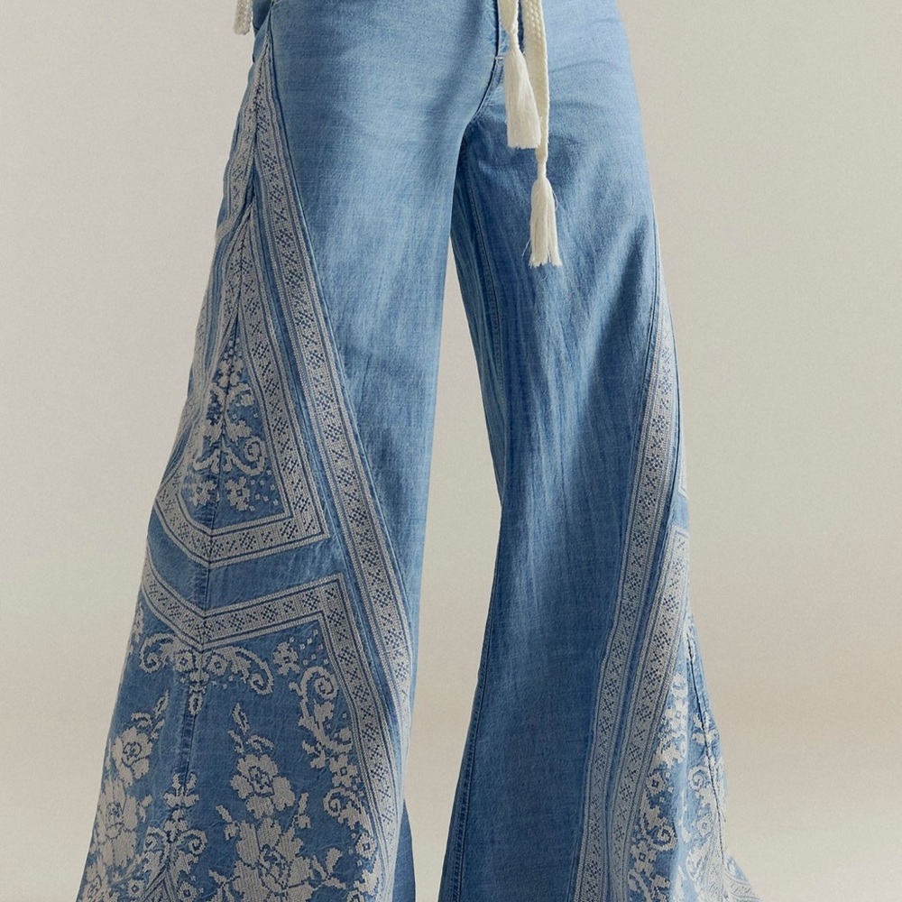 Women's Blue Flared Jeans with Embroidered Detail